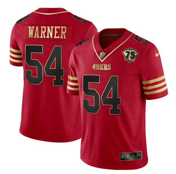 Men's San Francisco 49ers #54 Fred Warner Red Gold With 75th Anniversary Patch Football Stitched Jersey